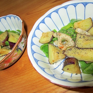 蓮と茄子とピーマンの胡麻塩サラダ